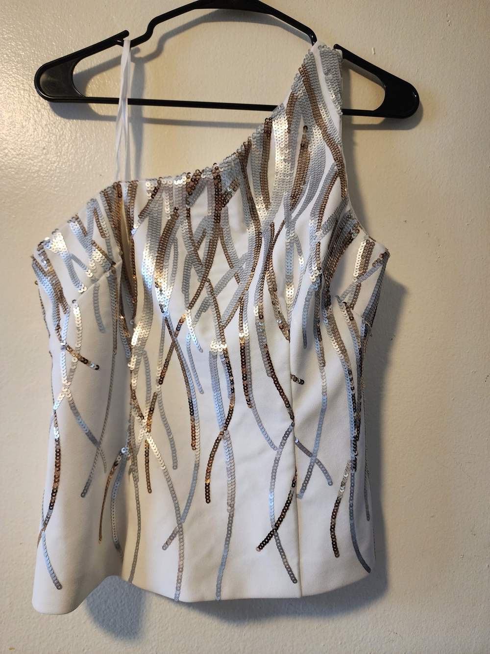 Adrianna Papell White Sequin Embellished One-Shoulder Top